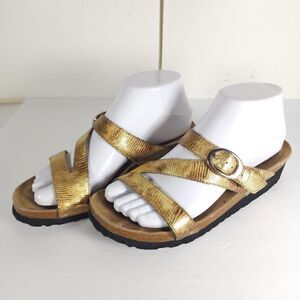Taos Women’s Zephyr US7 Gold Metallic Leather Slip On Law Wedge Strappy Sandals